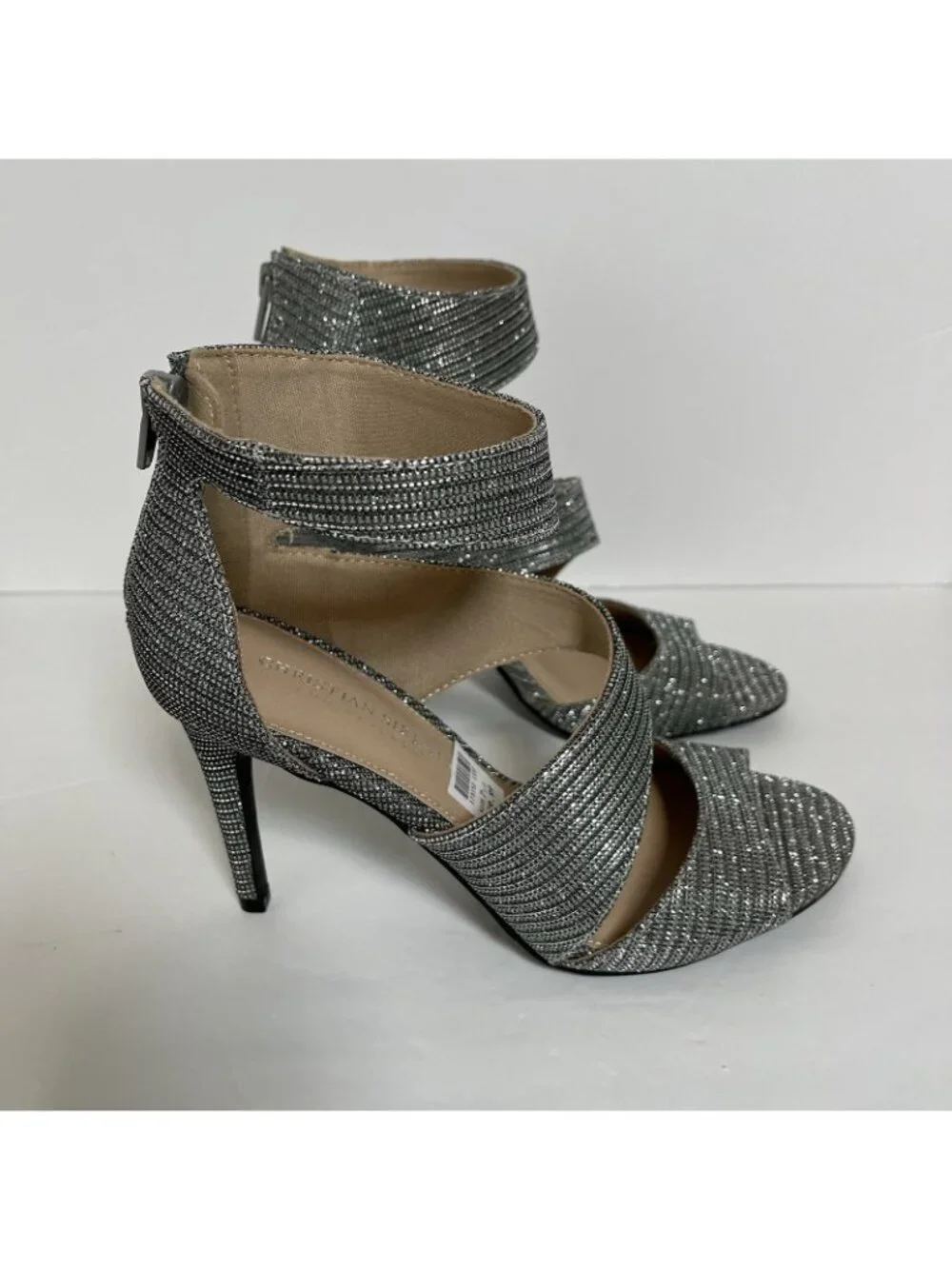 Christian Siriano Heels Silver Sparkle Wrap Ankle Open Toe Shoes